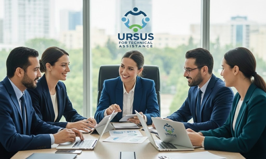 Équipe de consultants pour l'assistance technique en pleine réunion de travail dans un bureau moderne.